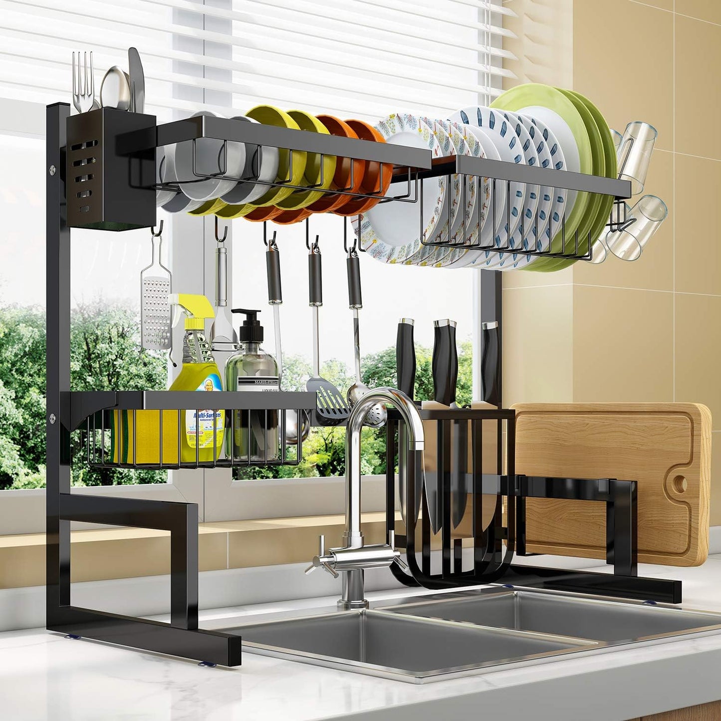 Dish Drying Rack Over Sink Adjustable (25.6"-33.5"),2 Tier Stainless Steel Length Expandable Kitchen Dish Rack,Large Dish Rack Drainer for Kitchen Organizer Storage Space Saver with 10 Utility Hooks