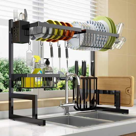 Dish Drying Rack Over Sink Adjustable (25.6"-33.5"),2 Tier Stainless Steel Length Expandable Kitchen Dish Rack,Large Dish Rack Drainer for Kitchen Organizer Storage Space Saver with 10 Utility Hooks