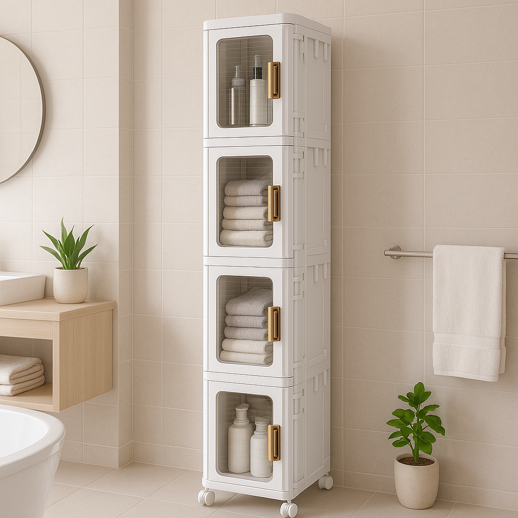4 Tier Plastic Tall Narrow Storage Cabinet with Movable Wheels