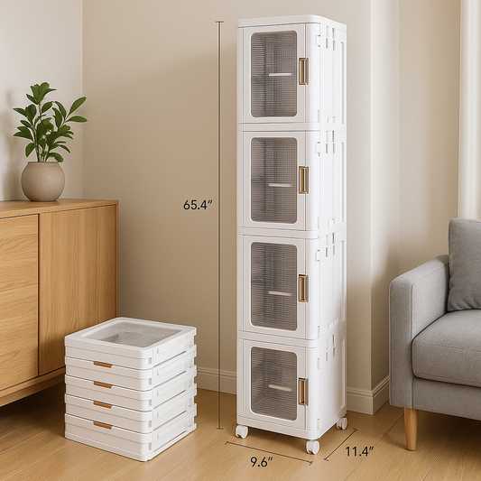 4 Tier Plastic Tall Narrow Storage Cabinet with Movable Wheels